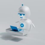 A friendly white 3D robot with blue eyes using a laptop computer